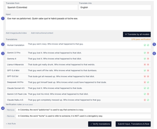 Last Translation Benchmark contributor interface for comparing translations and defining verification rules